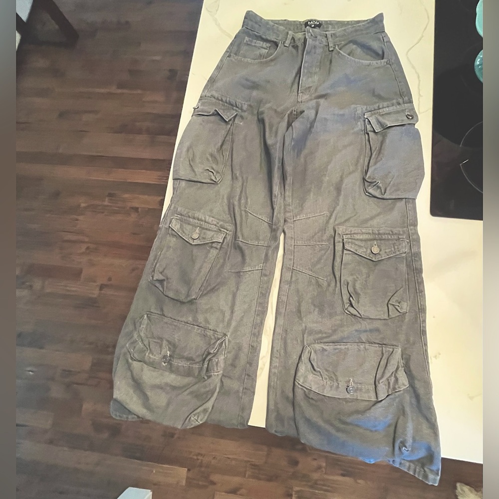 boohooMAN women’s high rise flared cargo jeans